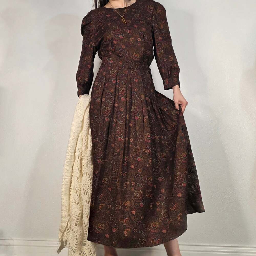 VINT Brown Floral Midi Dress Dark Cottagecore 90s Academia Prairie Fall Modest